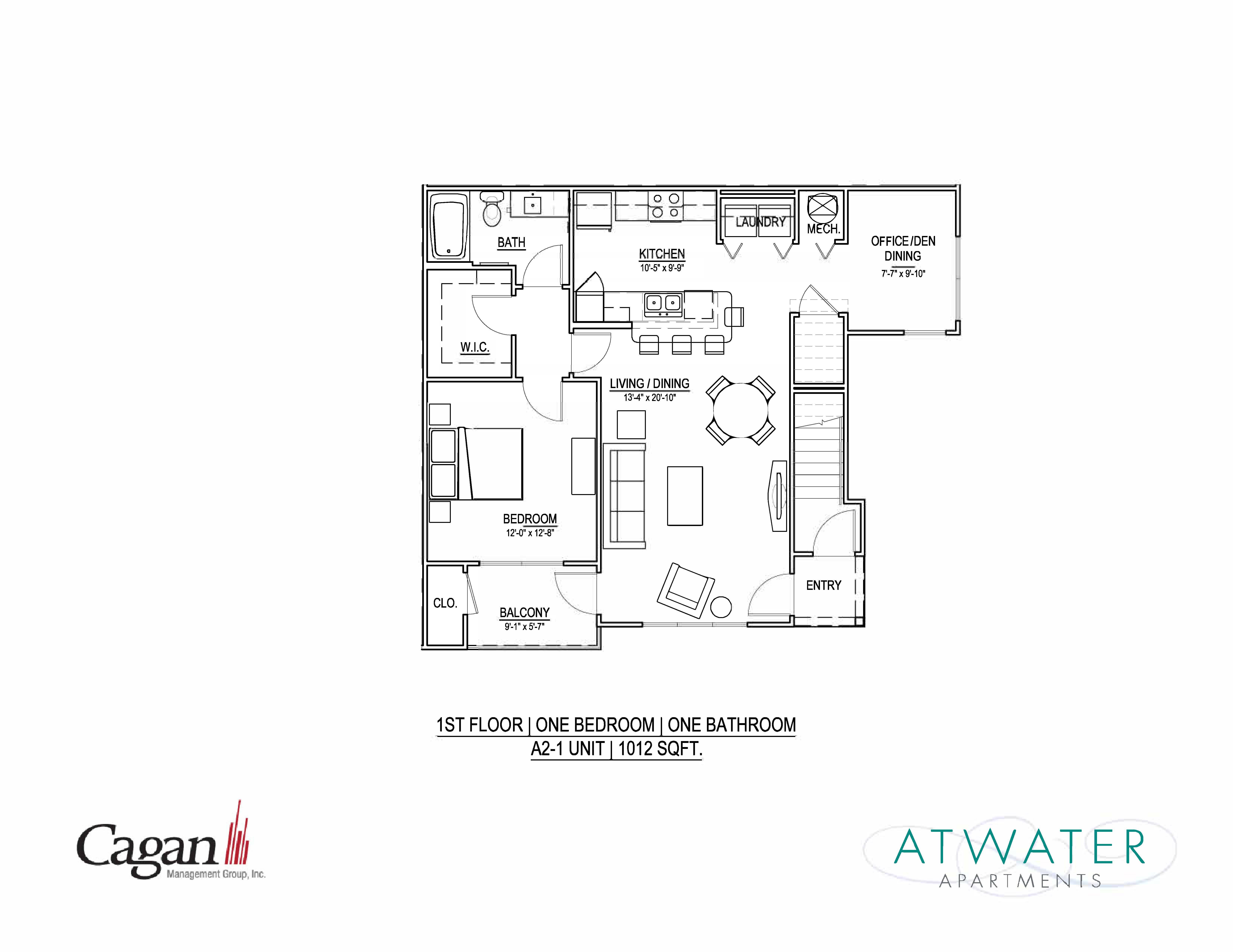 Floor plan for 1 bed, 1 bath, 1032 sqft